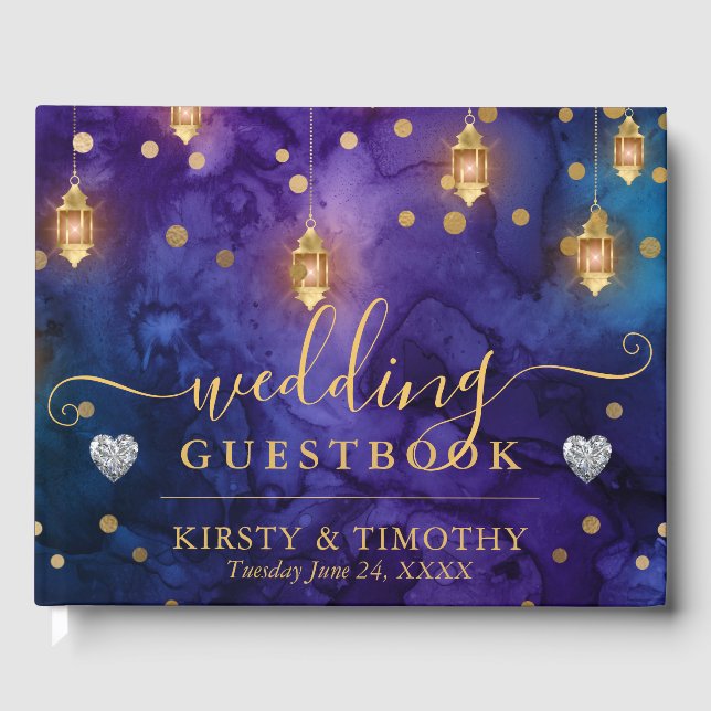 Livro De Visitas Casamento com Iluminação de Lanternas Roxas e Azui (Frente)