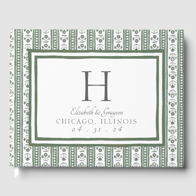 Livro De Visitas Casamento com Impressão Botânica Verde e Branco (Frente)