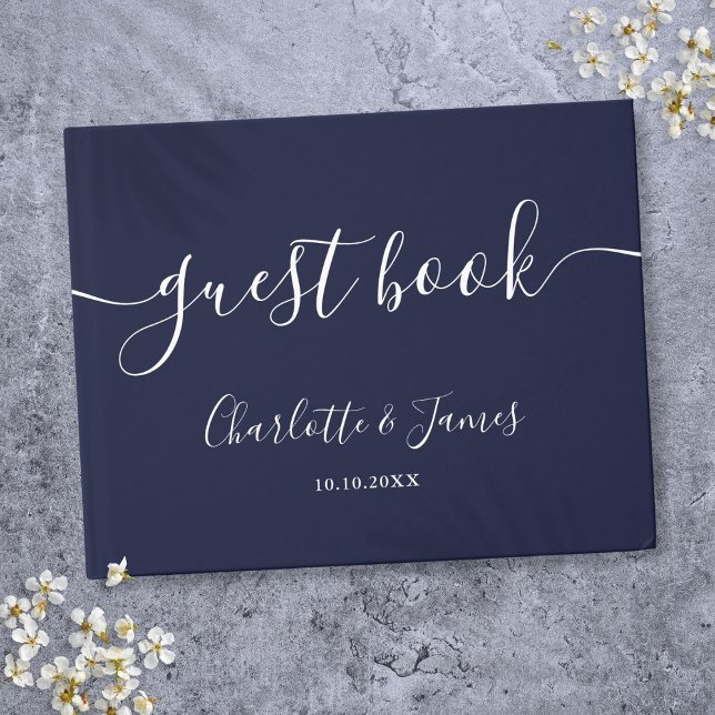 Livro De Visitas Casamento com Letra de Assinatura Azul Marinho (Navy Blue Signature Script Wedding Guest Book)
