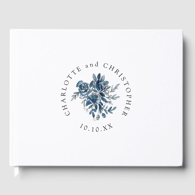 Livro De Visitas Casamento com linearidade floral de indigo azul (Frente)