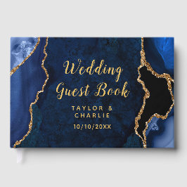 Livro De Visitas Casamento com Mármore Ágata Dourado e Azul Marinho