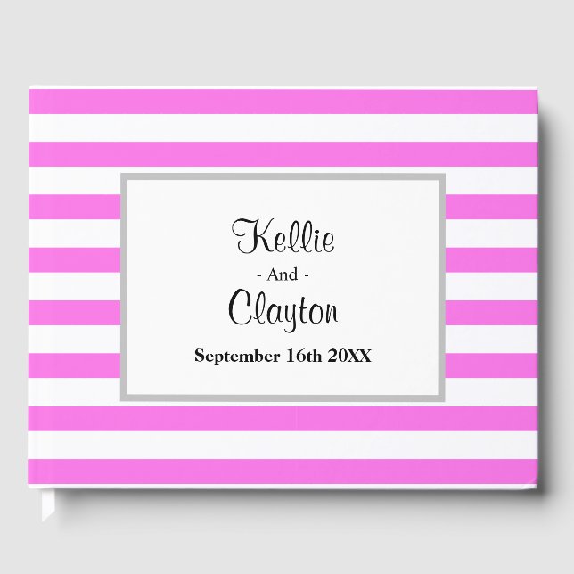 Livro De Visitas Casamento com Moldura de Stripes Rosa/Branca (Frente)
