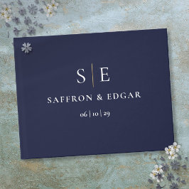 Livro De Visitas Casamento com Monograma Azul Marinho e Dourado