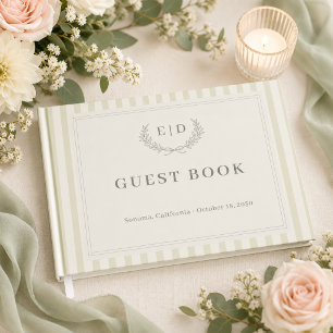 Livro De Visitas Casamento com Monograma Listrado em Verde Sage