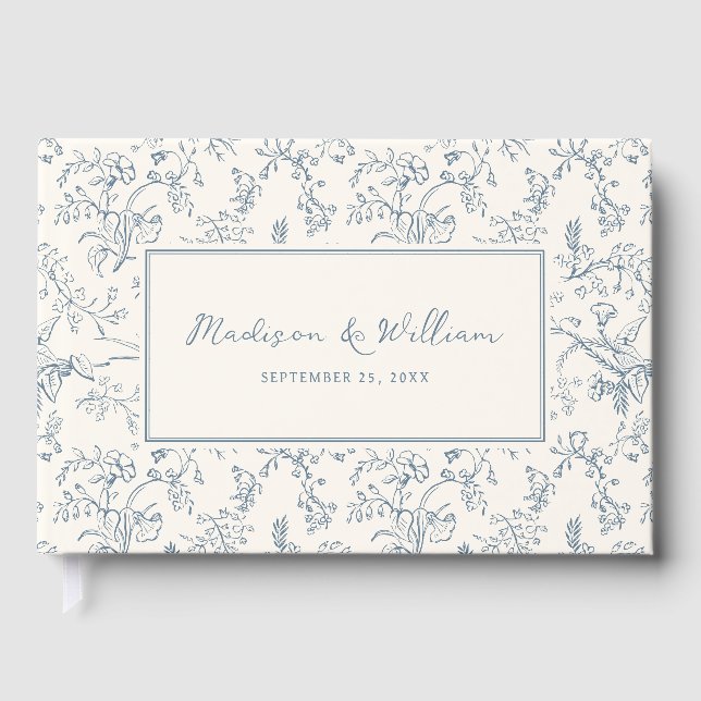 Livro De Visitas Casamento com Padrão Chinoiserie Azul Empoeirado (Frente)