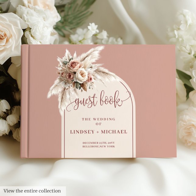 Livro De Visitas Casamento com Rosas de Boho, Rosa Simples (Simple Dusty Pink Pampas Roses Boho Arch Wedding Guest Book)
