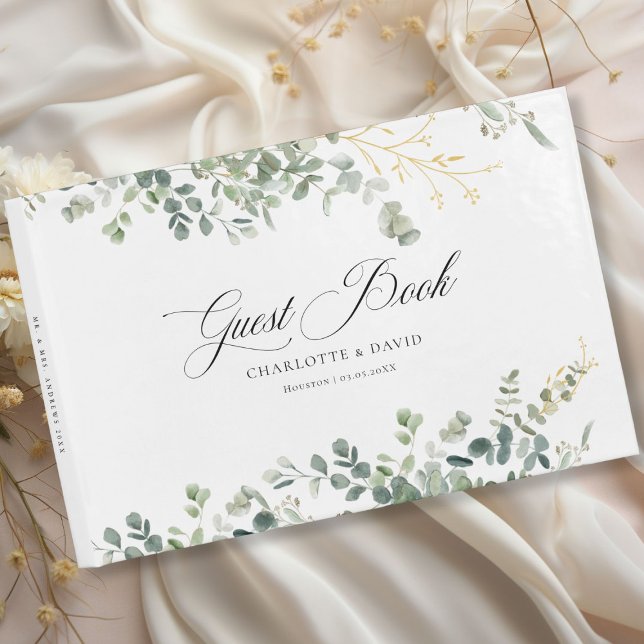 Livro De Visitas Casamento com Script de Manuscrito de Casamento Eu (Eucalyptus Wedding Handwriting Script Wedding Guest Book with your name and date.)
