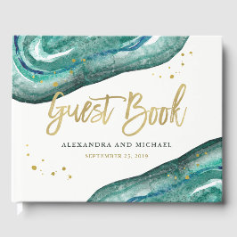 Livro De Visitas Casamento com Teal de Aquarela e Geodo Dourado