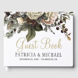 Livro De Visitas Casamento com tipografia de ouro floral no inverno