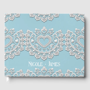 Livro De Visitas Casamento Coração de Renda Azul Turquesa Branco