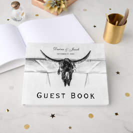 Livro De Visitas Casamento Crânio de Vaca Preto Branco Rústico Ocid