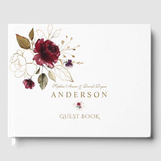 Livro De Visitas Casamento das Flores Douradas Elegantes Burgundy (Frente)