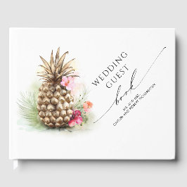 Livro De Visitas Casamento de Abacaxi Dourado Tropical Floral