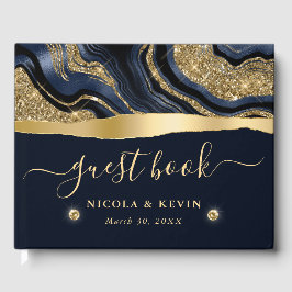 Livro De Visitas Casamento de Ágata com Folha Azul Elegante e Brilh