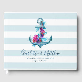 Livro De Visitas Casamento de Âncora de Cor de Água com Stripes Azu