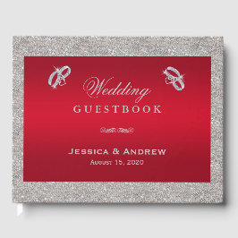 Livro De Visitas Casamento de Anéis de Prata Vermelha e Esparcial