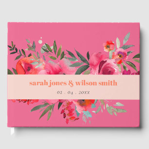 Livro De Visitas Casamento de Boho Quente Cor Floral Laranja-Rosa