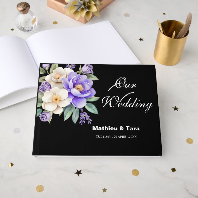 Livro De Visitas Casamento de Buquê Floral Roxo Personalizado (Frente aberta)