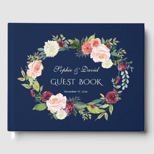 Livro De Visitas Casamento De Burgundy Blush Floral Dark Blue Wreat (Frente)