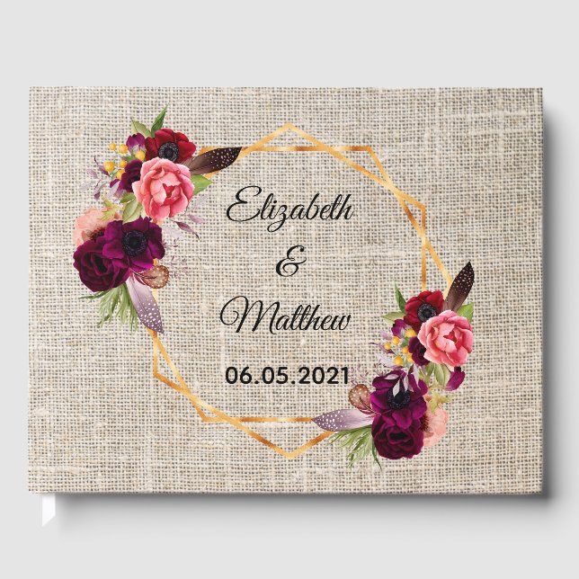 Livro De Visitas Casamento de burlap bege floral russo (Frente)