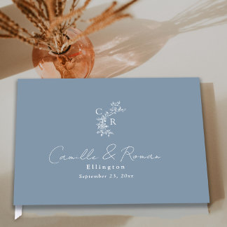 Livro De Visitas Casamento de Caligrafia Monogramática Floral Azul 