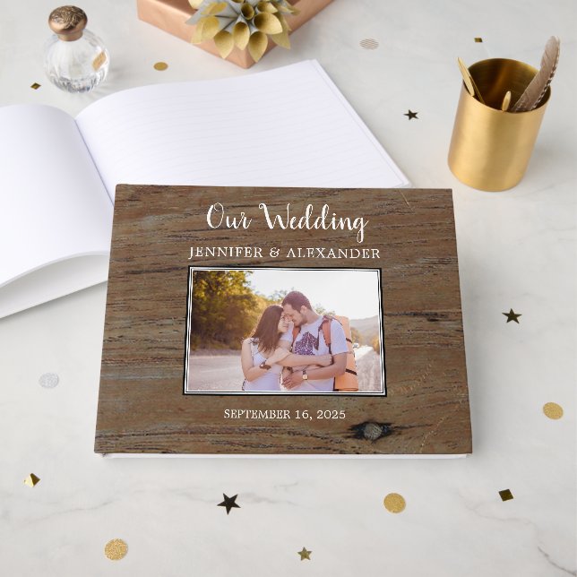 Livro De Visitas Casamento de casal com padrão de madeira de celeir (Frente aberta)