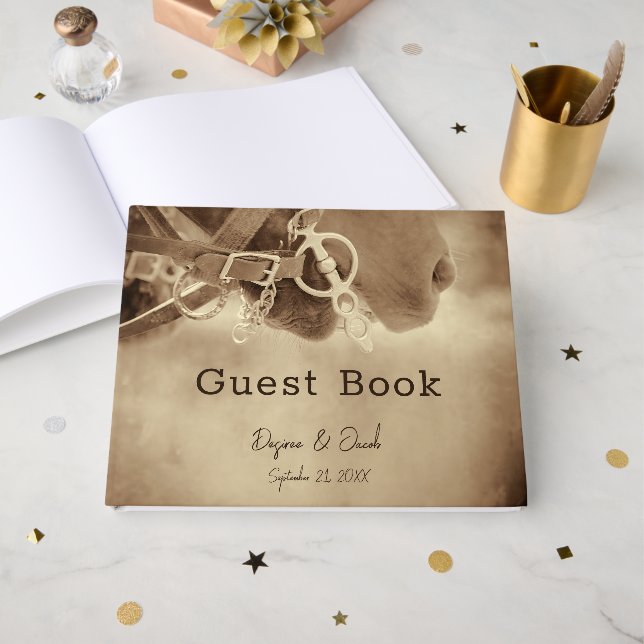Livro De Visitas Casamento de Cavalo Marrom Ocidental Rústico (Frente aberta)