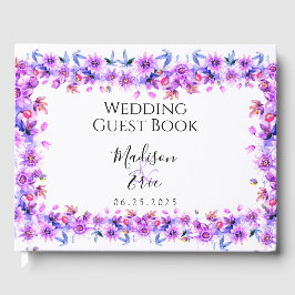 Livro De Visitas Casamento de Cor de Água Floral Púrpura
