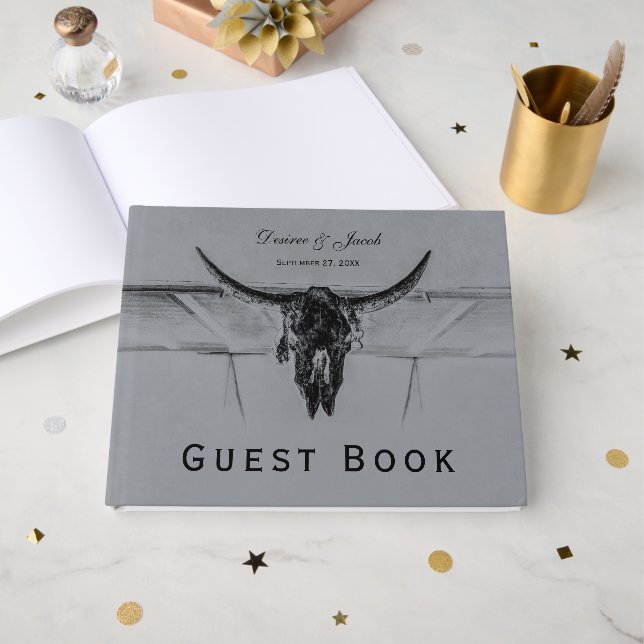 Livro De Visitas Casamento de Crânio de Vaca Western Rústico Cinza  (Frente aberta)