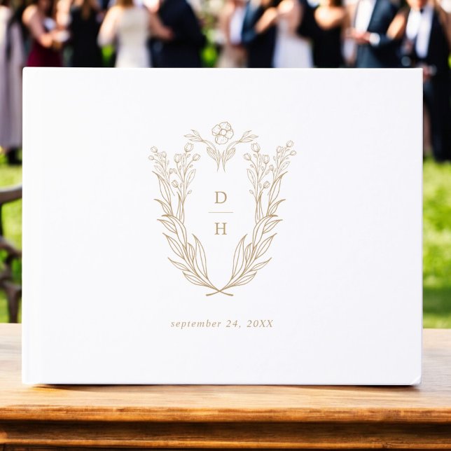 Livro De Visitas Casamento de Crest Clássico de Boho Branco Dourado (DAPHNE Floral Gold White Boho Classy Crest Wedding Guest Book)
