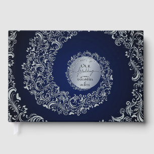 Livro De Visitas Casamento de Damasco Azul Elegante