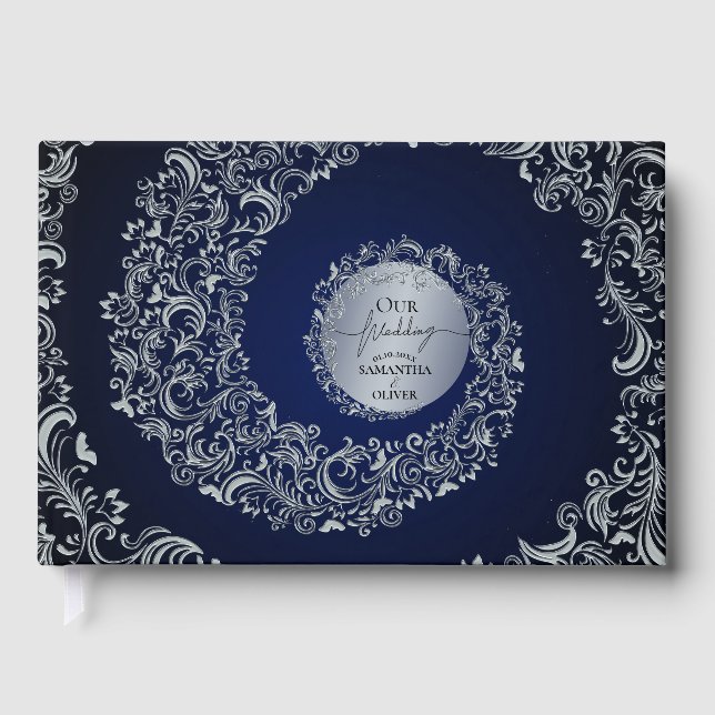 Livro De Visitas Casamento de Damasco Azul Elegante (Frente)