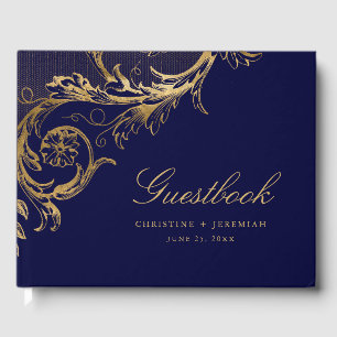 Livro De Visitas Casamento de Damasco Floral Azul Naval Antigo