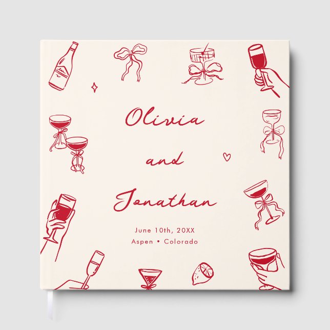 Livro De Visitas Casamento de Desenho de Mão Branca Vermelha (Frente)