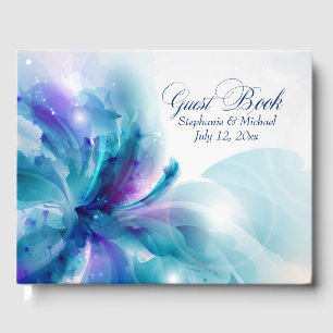 Livro De Visitas Casamento de Design Floral Azul e Roxo