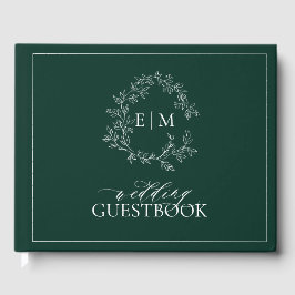 Livro De Visitas Casamento de Emerald Green Leafy Crest Monograma