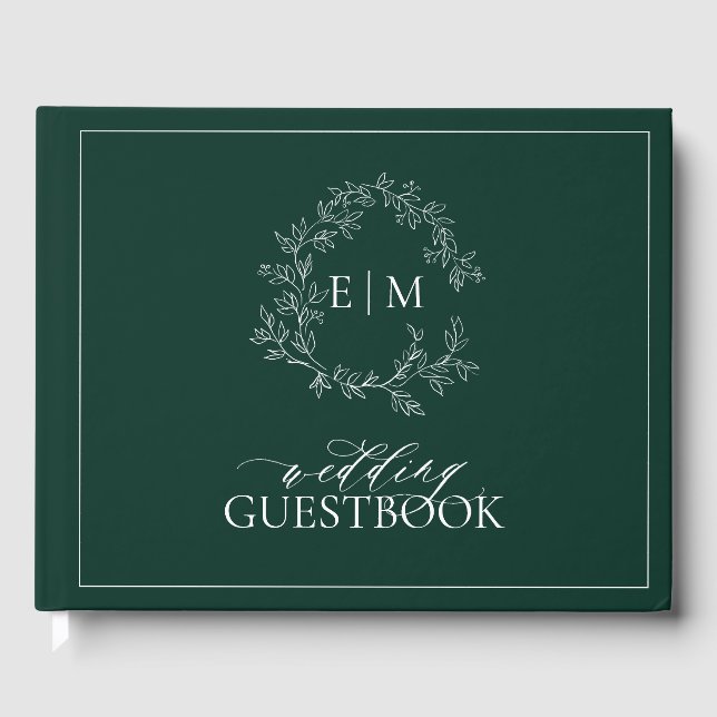 Livro De Visitas Casamento de Emerald Green Leafy Crest Monograma (Frente)