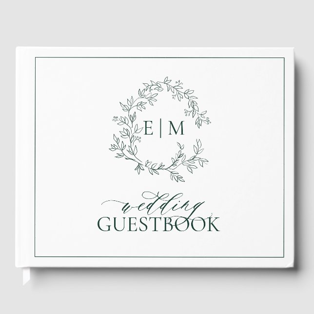 Livro De Visitas Casamento de Emerald Green Leafy Crest Monograma (Frente)