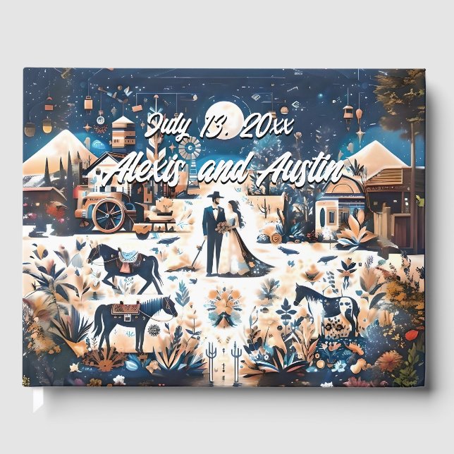 Livro De Visitas Casamento de Estilo Ocidental Azul de Cowboy e Noi (Frente)