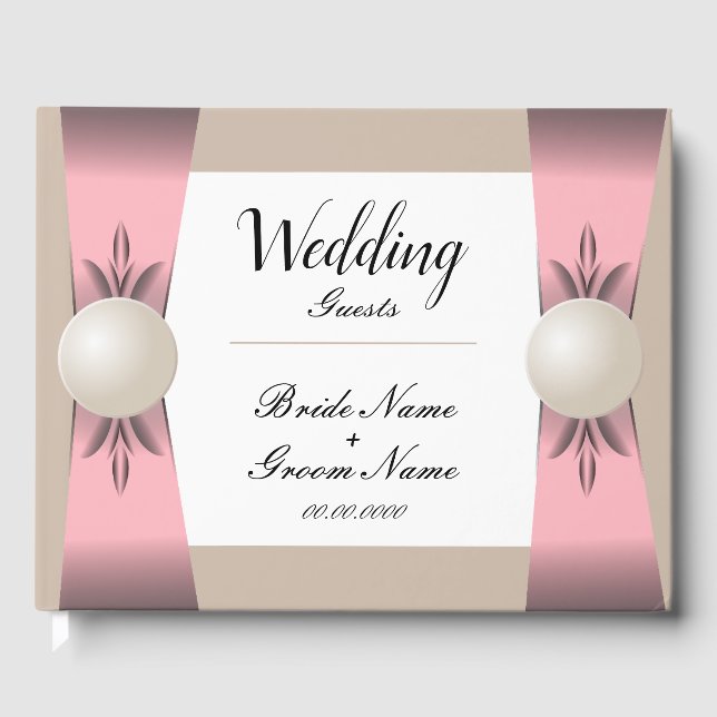 Livro De Visitas Casamento de Fita de Pérolas de Lâmpada e Tan (Frente)