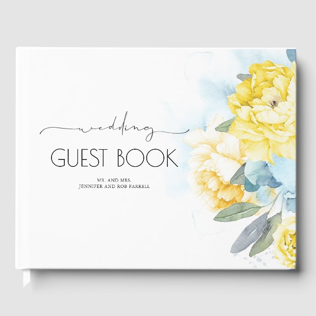 Livro De Visitas Casamento de Flores Amarelas Azuis Dusty (Frente)