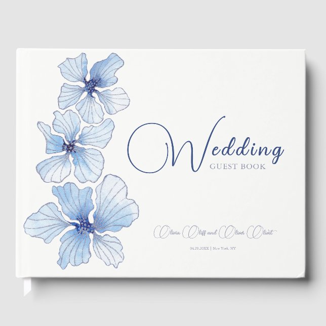 Livro De Visitas Casamento de Flores Azuis Elegantes (Frente)