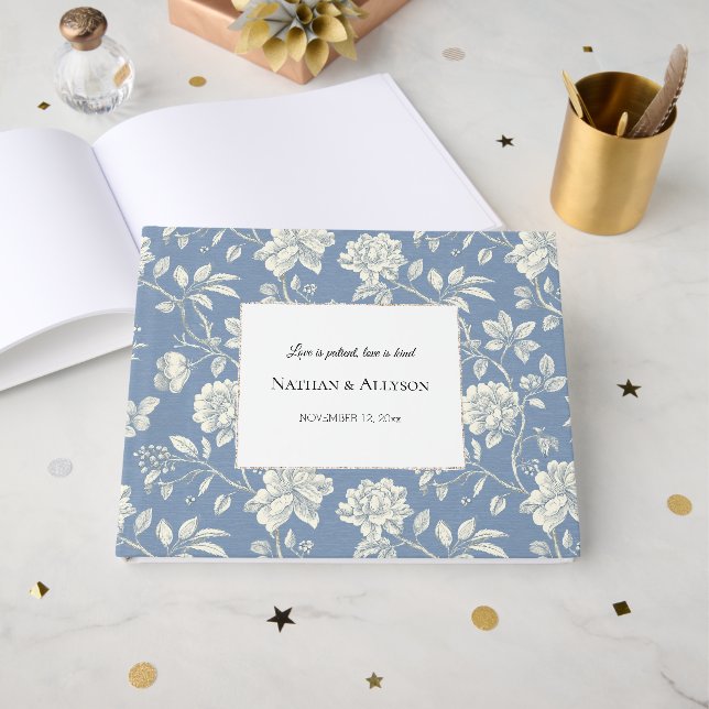 Livro De Visitas Casamento de Flores Brancas de Marfim Azul (Frente aberta)