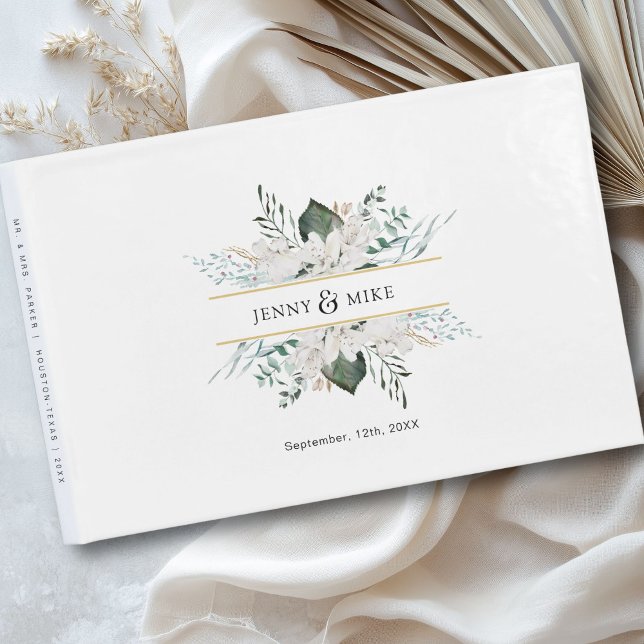 Livro De Visitas Casamento de flores brancas simples e elegantes (Personalized, simple, elegant white flowers wedding guest book with your name and date.)