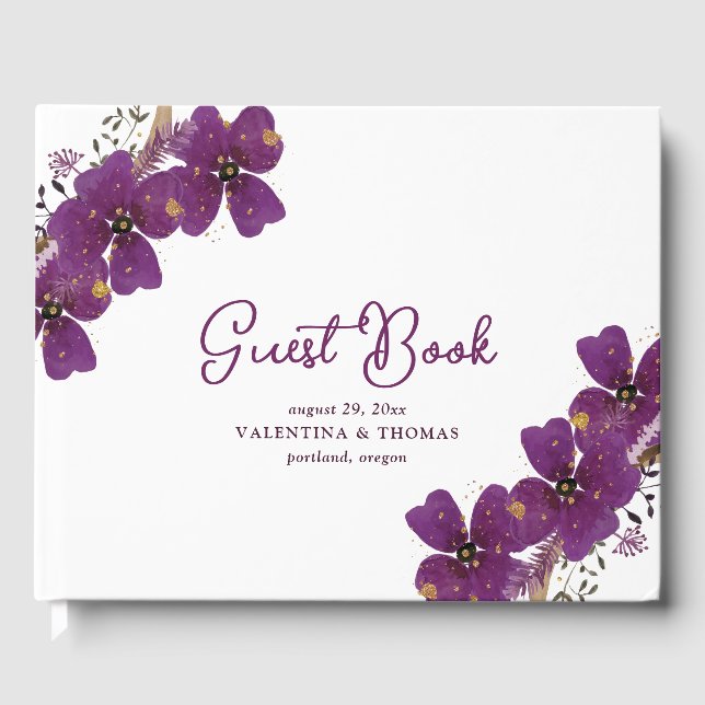 Livro De Visitas Casamento de Flores de Água bonito Púrpura (Frente)