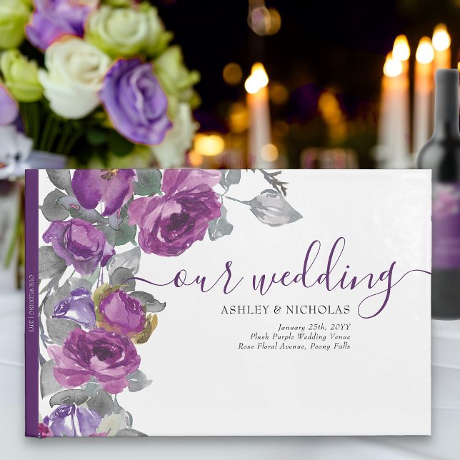 Livro De Visitas Casamento de Flores de Água Púrpura Elegante (Elegant purple floral guest book from my Plush Purple Wedding Collection )