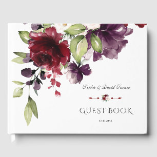 Livro De Visitas Casamento de Flores de Aquarela Puro e Borgonha Ún