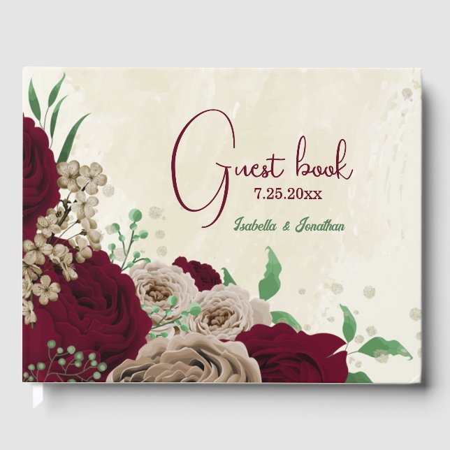 Livro De Visitas Casamento de flores de champanhe borgonha (Frente)