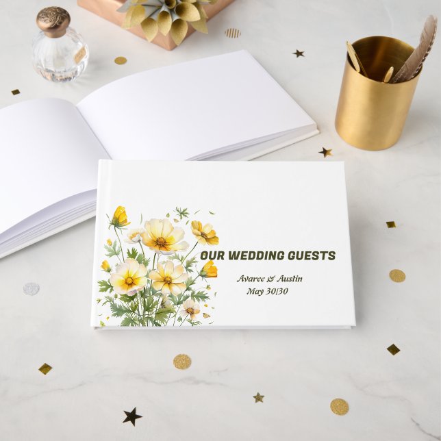 Livro De Visitas Casamento de Flores de Primavera Amarela (Frente aberta)