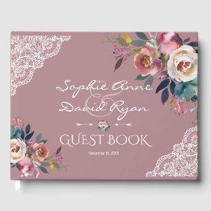 Livro De Visitas Casamento de Flores Rosa de Elegante Dusty Blue Du